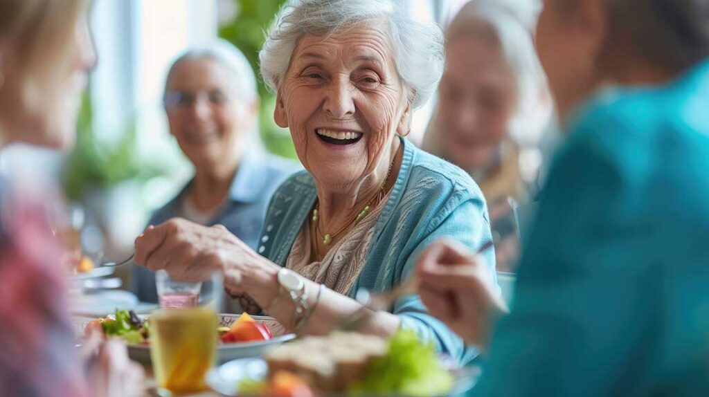 Older adult and family member reviewing assisted living plans at a table in a bright apartment.